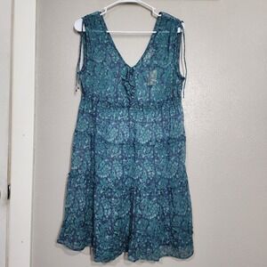 American Eagle Woman's 10 Blue Green Semi Sheer Tiered V-Neck Casual Dress